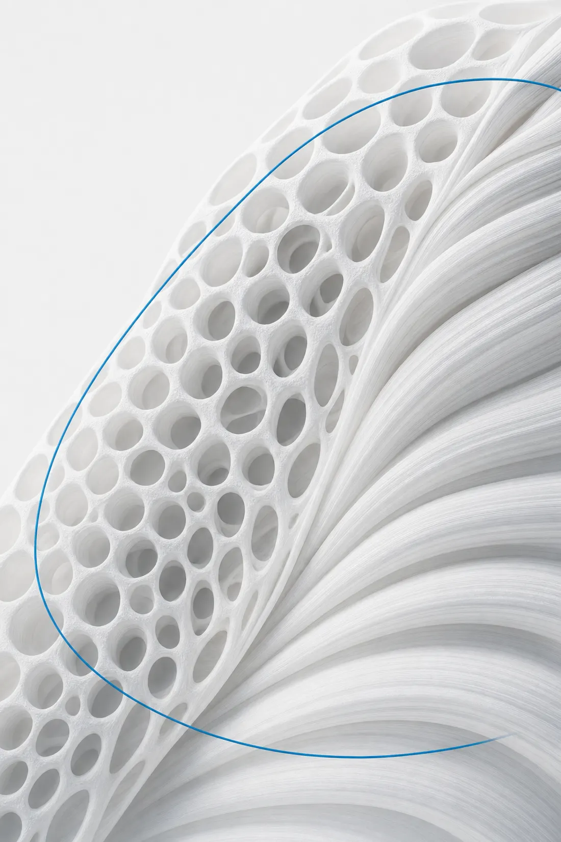 White cellular lattice and muscle-like fibers intersected by a precise blue orbital line